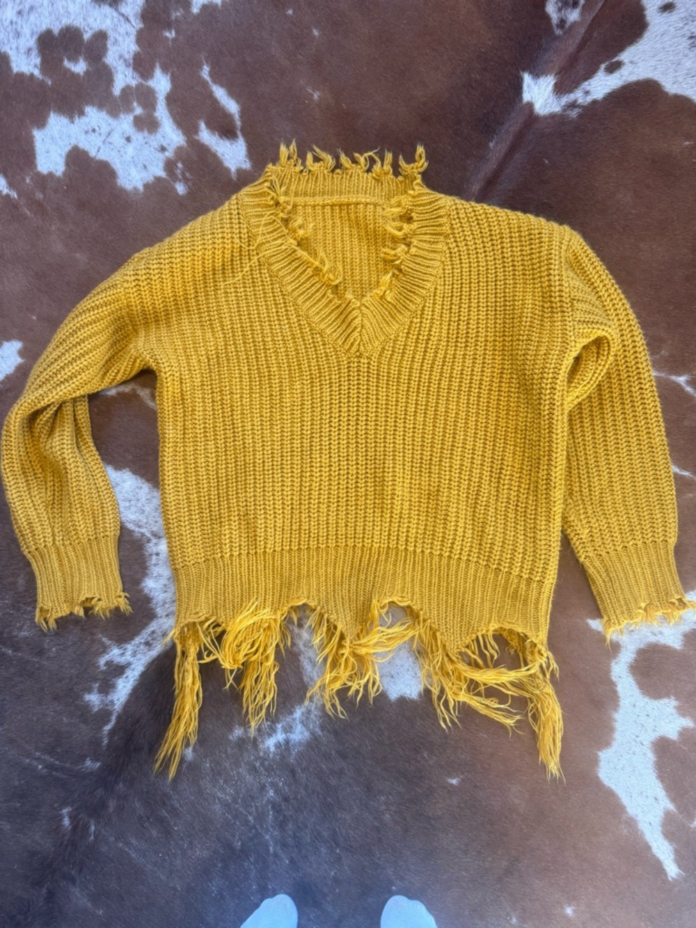 Mustard Distressed V-Neck Women’s Sweater